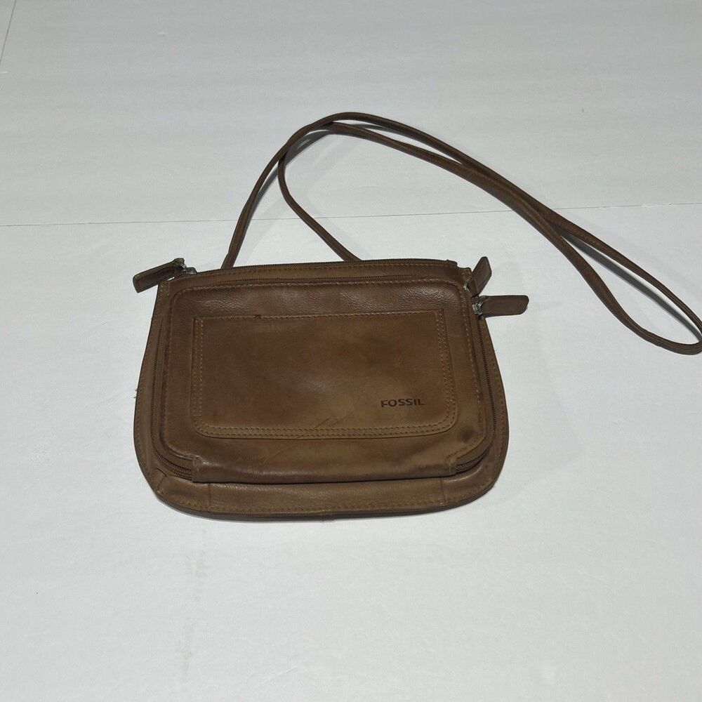 Fossil Small Leather Handbag Cognac Brown Crossbody Organizer Purse Double Zip
